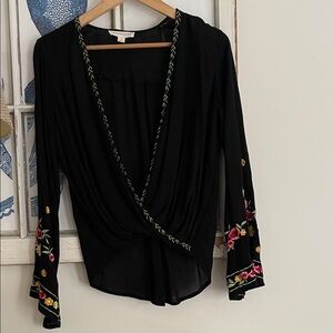 LOVESTITCH Embroidered Black Wrap Top